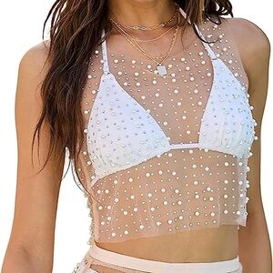 White Pearl Embellished Sheer Crop Top